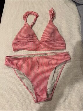 aerie Pink Striped Triangle Bikini Set